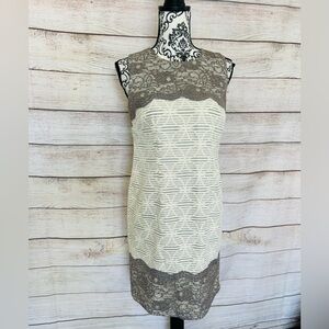 Loft Petites Cream Grey Crew Neck Lace Sleeveless Sheath Mini Dress